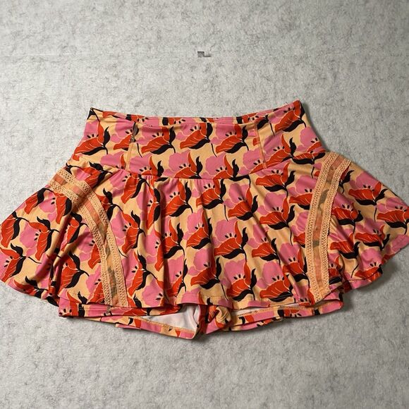 Free People Movement Large Red Orange Pleats And Thank You Skort Skirt Floral - Picture 1 of 11